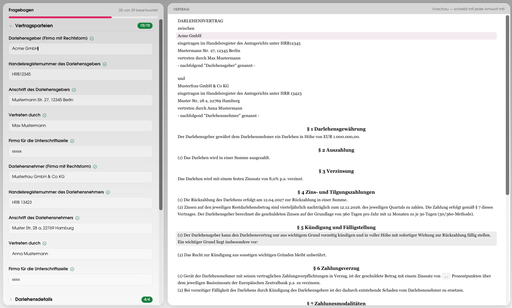Bildschirmfoto aus Legal Cognition: links ein Fragebogen mit 20 von 29 beantworteten Fragen zu den Vertragsparteien und Darlehensdetails, rechts die live mitgeschriebene Vorschau eines Darlehensvertrags mit hervorgehobenen eingefügten Angaben.