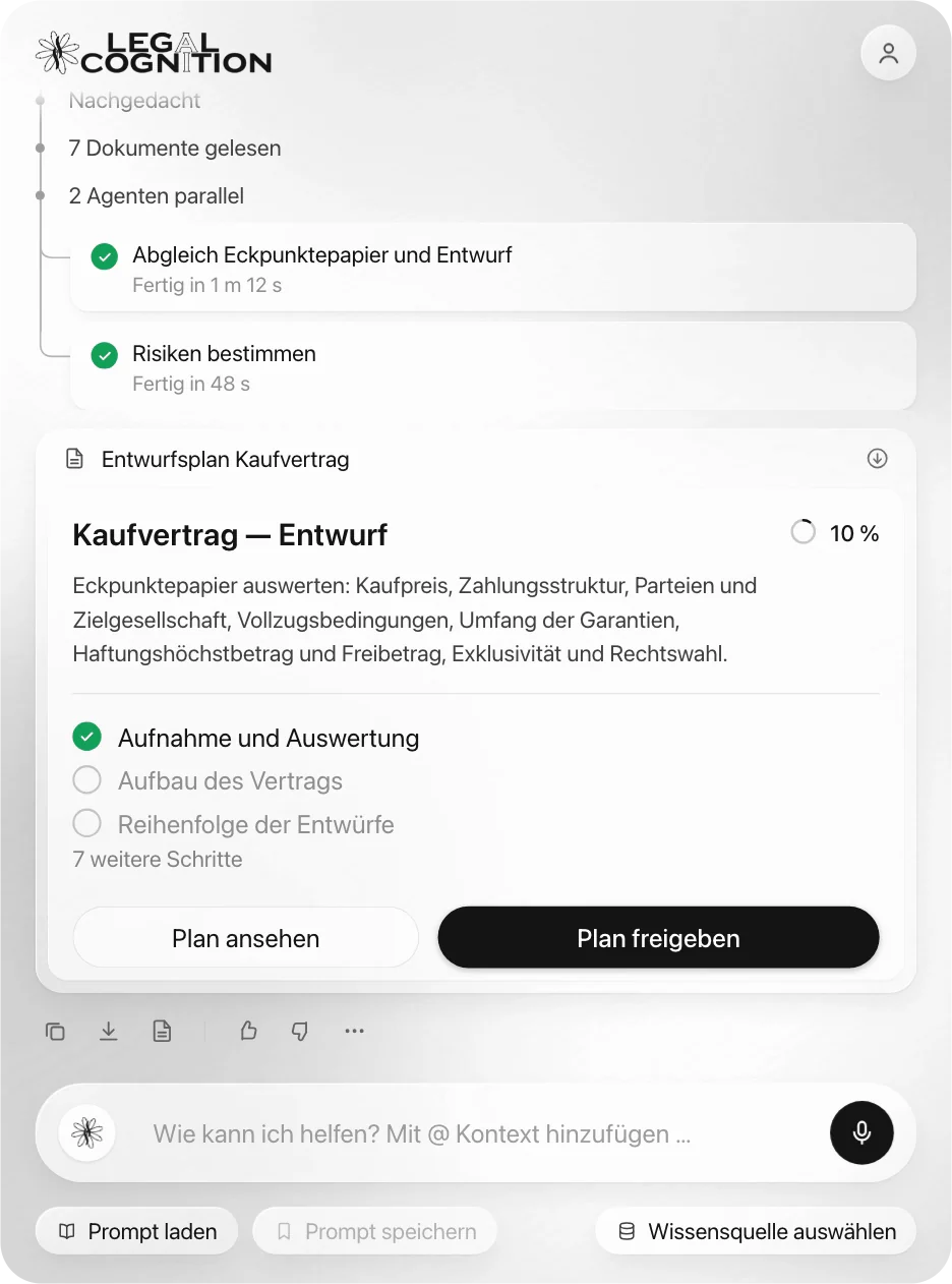 Bildschirmfoto aus Legal Cognition: Ein Agent hat sieben Dokumente gelesen und zwei Teilaufgaben parallel erledigt — Abgleich von Eckpunktepapier und Entwurf, Risiken bestimmen. Darunter liegt der Entwurfsplan Kaufvertrag mit den auszuwertenden Punkten, drei von zehn Schritten und den Schaltflächen „Plan ansehen“ und „Plan freigeben“.