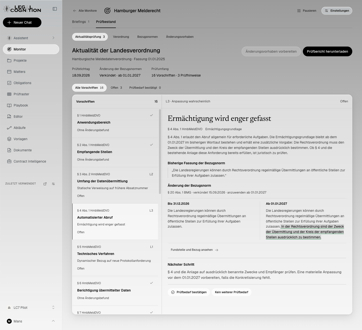Legal Cognition Monitors: Prüfstand zum Hamburger Melderecht mit Vorschriften, Änderungshinweisen und einer Gegenüberstellung der bisherigen und neuen Bezugsnorm.