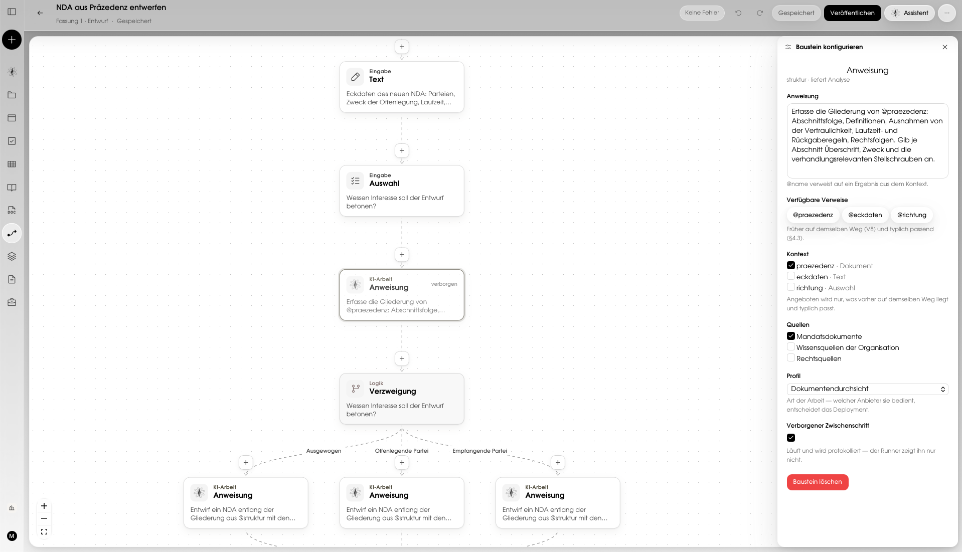 Bildschirmfoto aus Legal Cognition: ein visueller Workflow zum Entwurf eines NDA aus einer Präzedenz. Auf einer Arbeitsfläche folgen Text- und Auswahleingabe, eine KI-Anweisung und eine Verzweigung mit drei Ausgängen aufeinander; rechts ist die ausgewählte Anweisung mit Verweisen, Quellen und Profil konfiguriert.