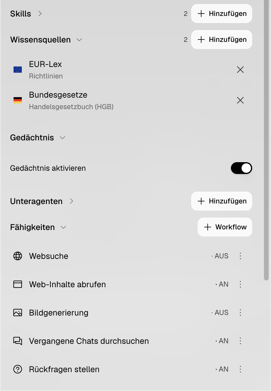Agenten-Einstellungen mit Skills, Wissensquellen, aktiviertem Gedächtnis, Unteragenten und Fähigkeiten.