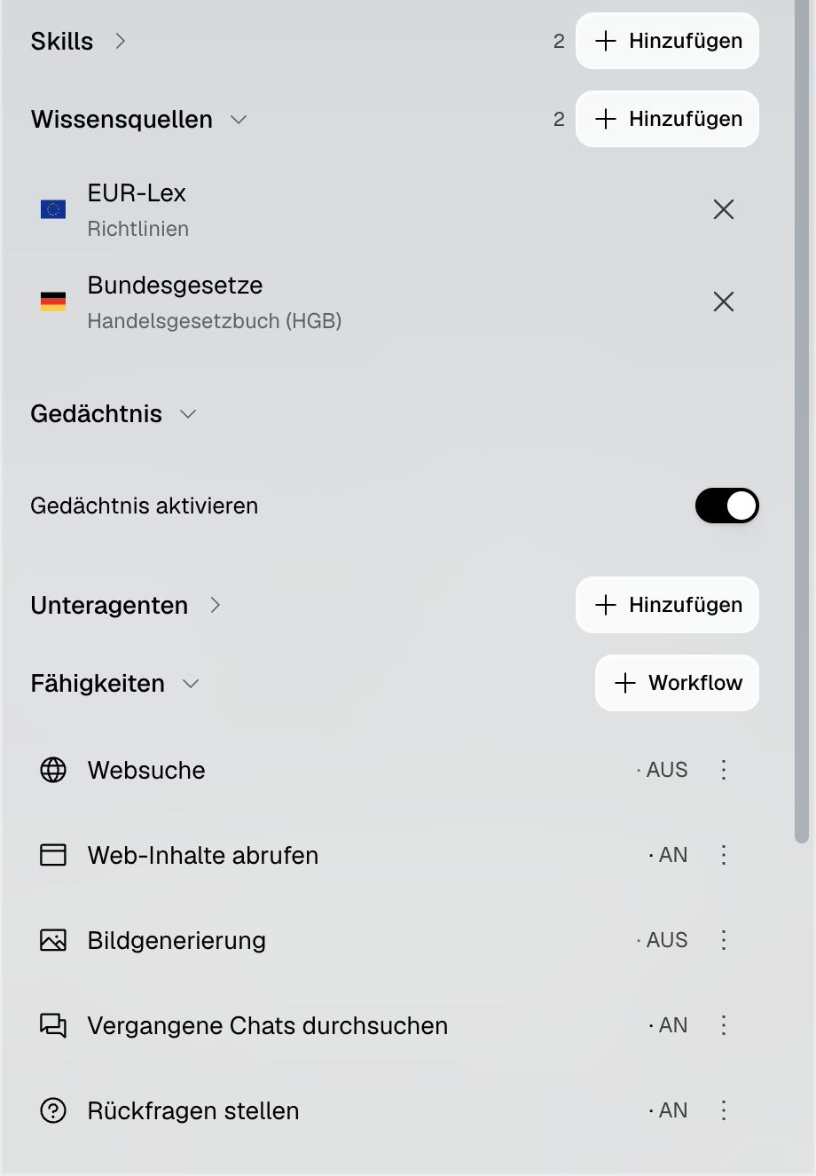 Agenten-Einstellungen in Legal Cognition mit Wissensquellen, Gedächtnis, Unteragenten und Fähigkeiten.